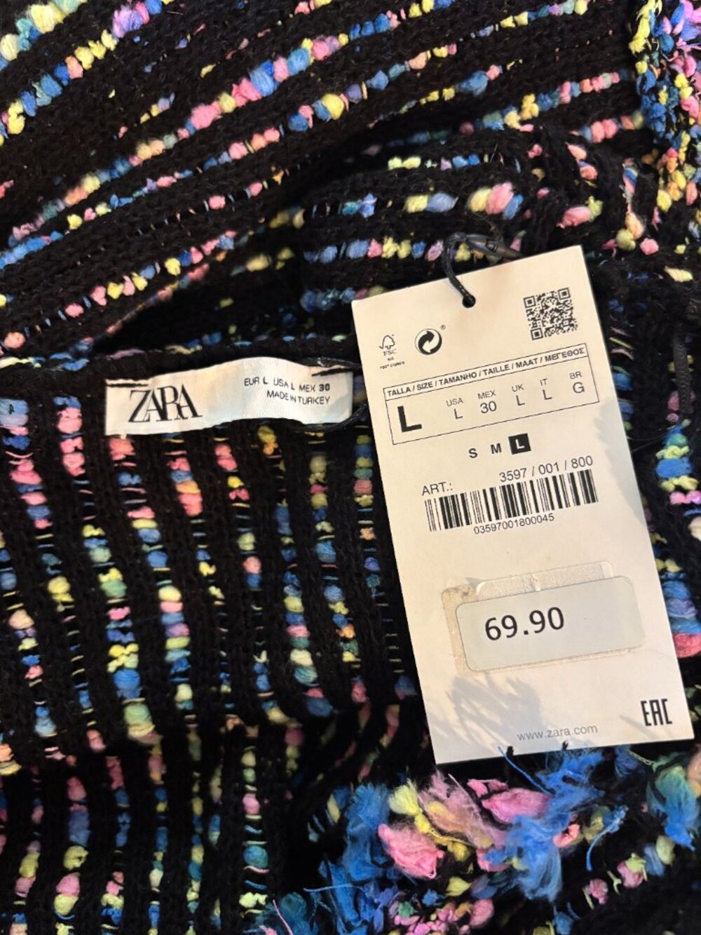 Zara Black Confetti Fringe Open Front Cardigan Large NWT - Picture 5 of 6